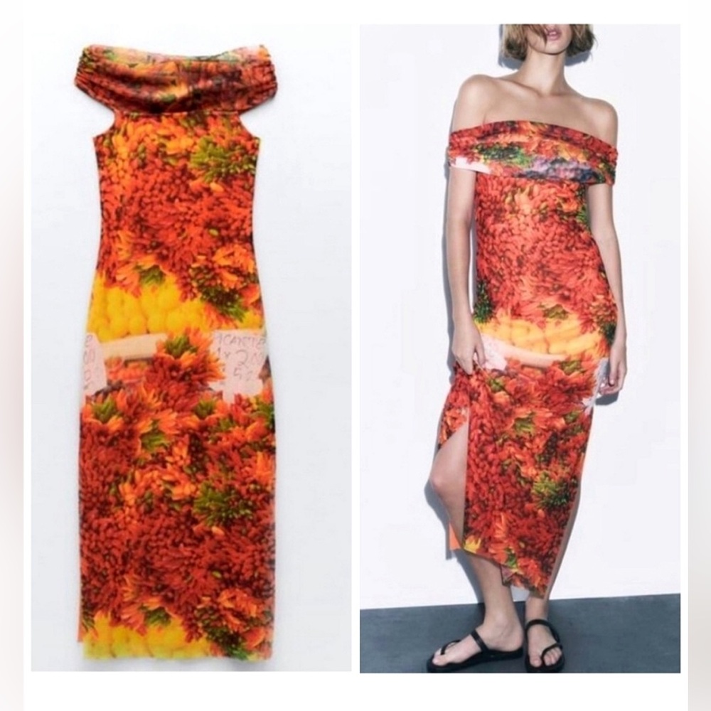 Zara sixe S Floral Off-Shoulder Dress